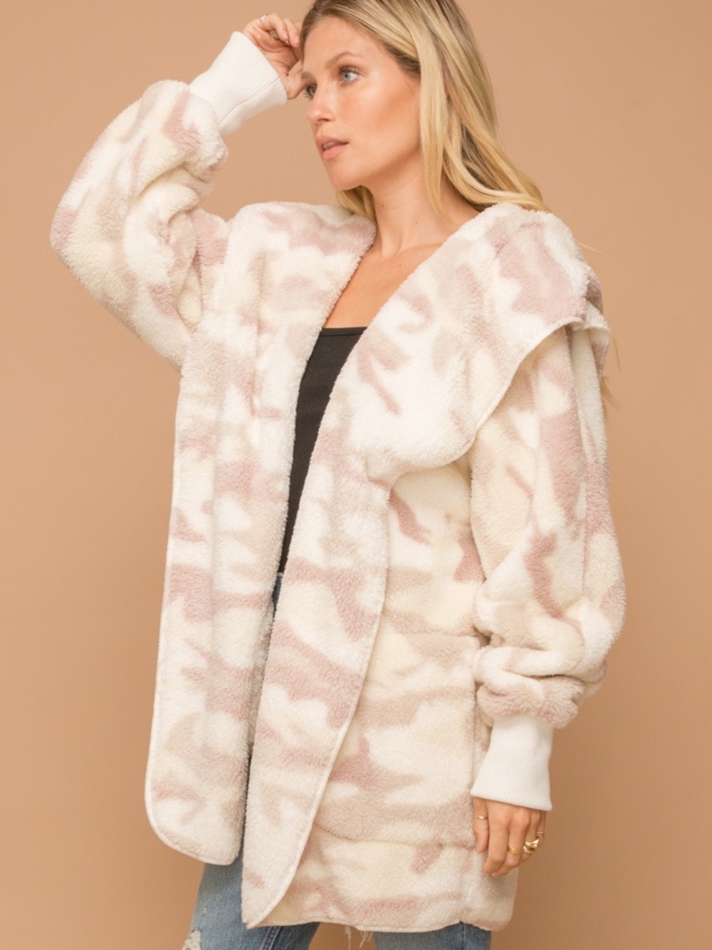 HEM & THREAD Ivory Camo Hoodie Plush Jacket